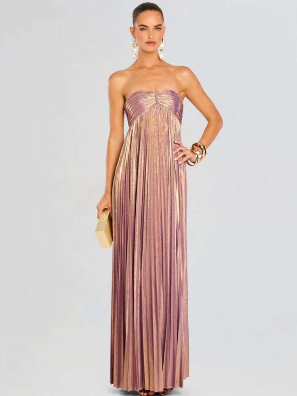 Retrofete Metallic Rose Gold Strapless Pleated Gown